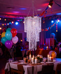Dope Modern Chrome Beaded Hanging Chandelier With Three Tiers Of Crystal Beads And Acrylic Jewel Droplets in dining room