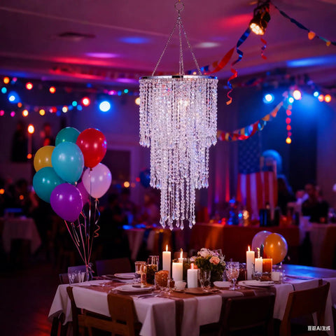 Dope Modern Chrome Beaded Hanging Chandelier With Three Tiers Of Crystal Beads And Acrylic Jewel Droplets in dining room