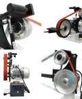 Badass Industrial Variable Speed 71 Inch Belt Grinder With 3 Grinding Wheels And Heavy Duty Base For Pro Knife Makers 220 Volt 2200W side view of motor and grinding wheels