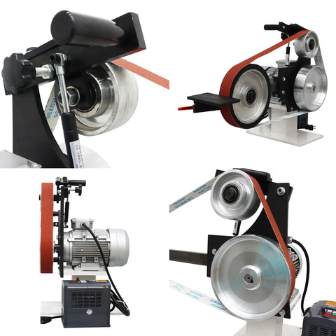 Badass Industrial Variable Speed 71 Inch Belt Grinder With 3 Grinding Wheels And Heavy Duty Base For Pro Knife Makers 220 Volt 2200W side view of motor and grinding wheels