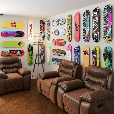 Room with multiple skateboards mounted using Skateboard Deck Display Wall Mount For Hanging And Showing Off Your Board Fits Most Decks With 1.625 Inch Truck Holes Easy Install Wall Art And Decor For Skaters 1 Pack.