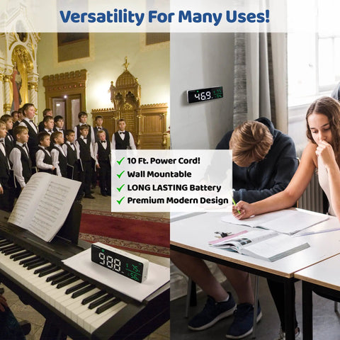 3-In-1 Decibel Meter With Humidity And Temperature Readout in use in classroom and music room settings, wall mounted.