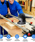 Woodworkers using 48 Inch Adjustable Router Sled For Slab Flattening With Reinforced Rails on workbench.
