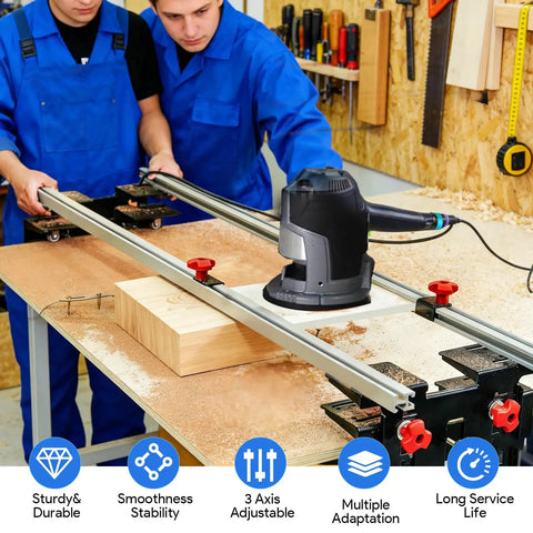 Woodworkers using 48 Inch Adjustable Router Sled For Slab Flattening With Reinforced Rails on workbench.
