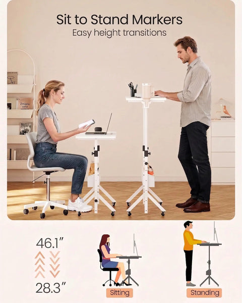 Mobile Standing Desk With Wheels, Height Adjustable From 28.3 To 46.3 Inches, showing sitting and standing positions