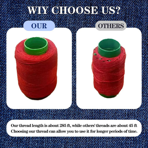 Comparison of red thread spools showing 'Our' 285 ft spool versus 'Others' 45 ft spool for sewing projects.