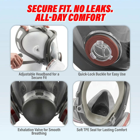 Full Face Reusable Respirator For Organic Vapors And Dust, adjustable headband, quick-lock buckle, exhalation valve, soft seal