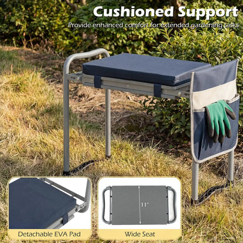 Foldable Garden Kneeler And Seat With Two In One Design For Comfortable Weeding And Raised Bed Work Detachable EVA Foam Pad 350 Lbs Heavy Duty Metal Frame Tool Pouch Portable Stool For Seniors Blue in garden setting.
