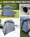 All Weather Outdoor Bike Storage Tent And Gear Shelter Extra Large Portable Waterproof Shed showcasing size and protection details.