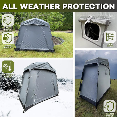 All Weather Outdoor Bike Storage Tent And Gear Shelter Extra Large Portable Waterproof Shed showcasing size and protection details.