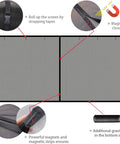 Built Tough Garage Door Screen For 1 Car 12x7 Ft Magnetic Closure diagram showing magnets, gravity sticks, and strapping tapes.