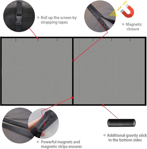 Built Tough Garage Door Screen For 1 Car 12x7 Ft Magnetic Closure diagram showing magnets, gravity sticks, and strapping tapes.