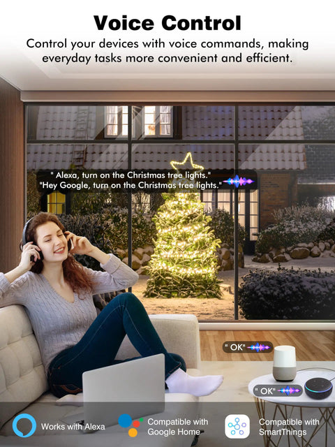 Woman using Outdoor Smart Plug IP44 With Dual Independent Outlets, Alexa And Google Assistant Compatible inside home with voice control