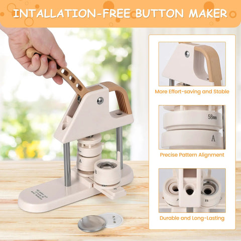 3 In 1 Button Maker Kit With Ergonomic Arc Handle For 25mm, 32mm, And 58mm Badges shown with handle detail