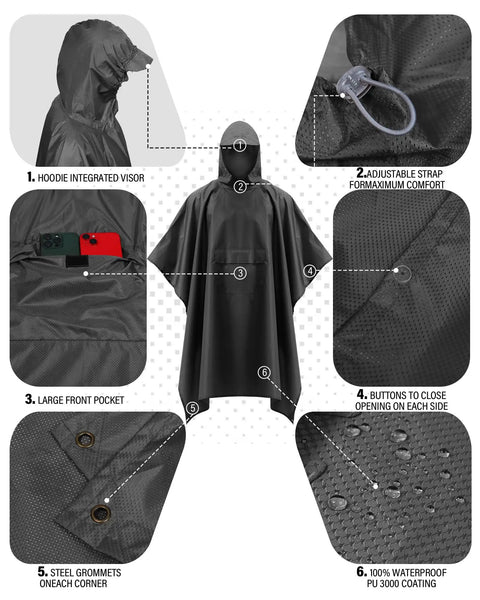 Black Hooded Packable Unisex Rain Poncho With Front Pocket Ultra Lightweight Waterproof Raincoat For Hiking Camping Travel