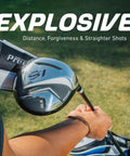 Close-up of S7 18 Piece Men's Golf Club Set With Titanium Driver, showing golfer holding titanium driver, outdoors