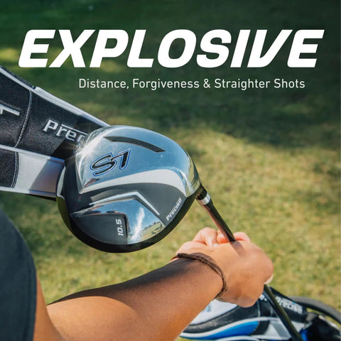 Close-up of S7 18 Piece Men's Golf Club Set With Titanium Driver, showing golfer holding titanium driver, outdoors