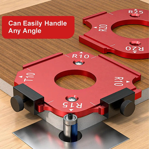 Heavy Duty Aluminum Router Corner Radius Templates For Smooth Woodworking Edges And Dead On Arc Cuts DIY Edge Profiler Jig set shown on workbench.