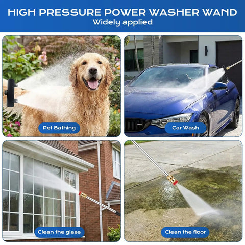 Extendable Power Washer Wand Kit with Dual Nozzles in use for pet bathing, car wash, glass cleaning, and floor cleaning