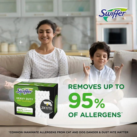 Heavy Duty Dry Sweeping Cloths 40 Pack Loaded With 3D Grip Fibers That Chase Down Grit And Debris Across Hardwood Tile And Vinyl Floors Easy Peel Toss Routine Guarantees A Sparkling Fresh Finish shown beside a woman and child meditating.