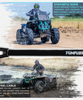 ATV using Beefy Heavy Duty 5/16 Inch 50 Foot Synthetic Winch Rope Kit with 12000 lbs break strength and sleeve in off-road condition