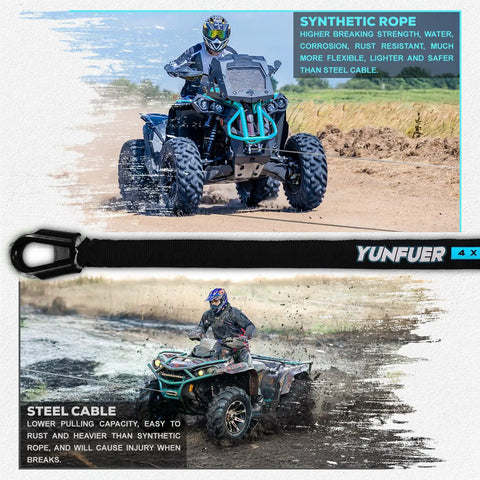 ATV using Beefy Heavy Duty 5/16 Inch 50 Foot Synthetic Winch Rope Kit with 12000 lbs break strength and sleeve in off-road condition