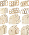 DIY Fairy House Kit 48 Pcs Unfinished Wood Doors And Windows For Miniature Garden Decor showing various unpainted wooden accessories.