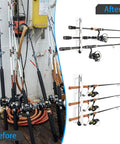 Before and after view of Horizontal Fishing Rod Holder Wall Mount Rack For Boat And Garage White Plastic Poles Storage Dual Pack Of 2 Pole Racks No Fuss Easy Install Saltwater Ready Durable Lightweight Mounting Brackets mounted with rods.