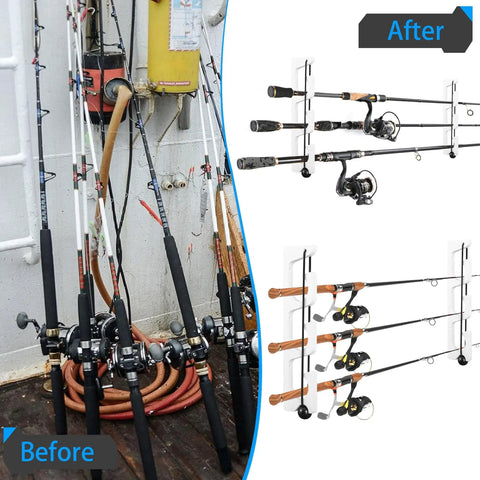 Before and after view of Horizontal Fishing Rod Holder Wall Mount Rack For Boat And Garage White Plastic Poles Storage Dual Pack Of 2 Pole Racks No Fuss Easy Install Saltwater Ready Durable Lightweight Mounting Brackets mounted with rods.
