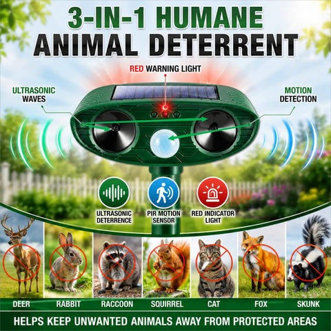 2 Pack Ultrasonic Animal Deterrent Devices For Outdoor Gardens Solar Powered Motion Sensor Safe Humane Sonic Fortress Pro Garden Shield For Squirrels Raccoons Rabbits Foxes Skunks Cats And More IP65 Waterproof, green solar unit