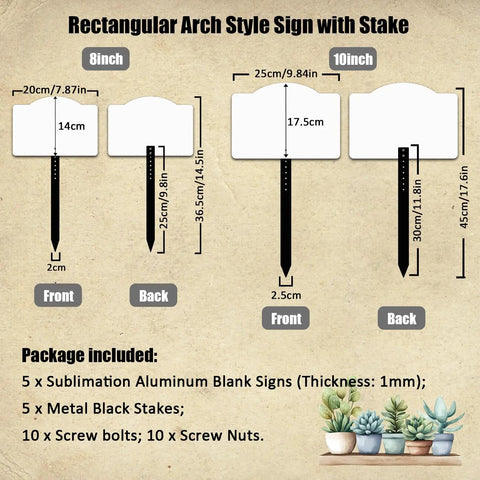 Diagram of 8 Inch Sublimation Yard Sign Blanks Stakes 5 Pack Aluminum Double Sided Printable Garden Ground Signs with dimensions.