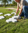 Man using Leaf Pattern Concrete Paver Mold For Pathways And Patios Reusable Stone Garden Mold DIY Landscape Paving Tool outdoors