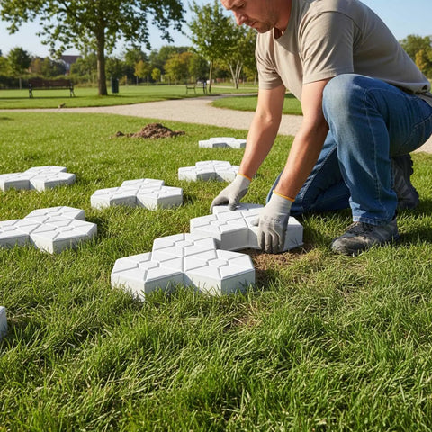 Man using Leaf Pattern Concrete Paver Mold For Pathways And Patios Reusable Stone Garden Mold DIY Landscape Paving Tool outdoors