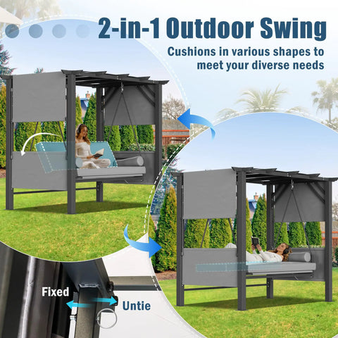 Outdoor Porch Swing With Stand And Adjustable Canopy 2 In 1 Convertible Bed 3 Seat Swing For Adults Large 3 Person Swing Chair