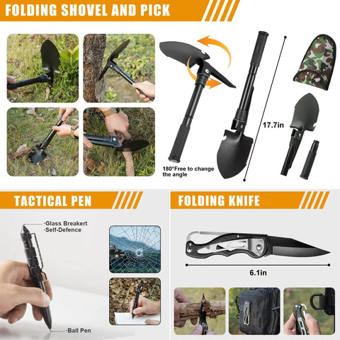 All In One Emergency Survival Kit with 360 Pcs Bug Out Bag First Aid Gear camping axe, shovel, pen, knife, tools
