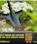 Long Handle Garden Shovel For Digging And Root Cutting With Serrated Blade And Comfortable Grip Forged Steel Construction Built Tough For Penetrating Hard Soil And Cutting Roots Heavy Duty Root Shovel