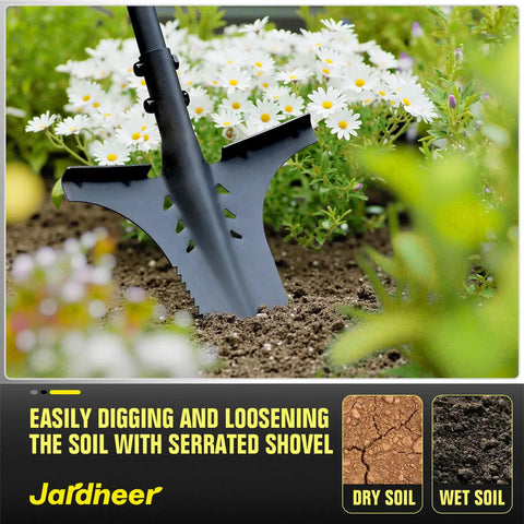 Long Handle Garden Shovel For Digging And Root Cutting With Serrated Blade And Comfortable Grip Forged Steel Construction Built Tough For Penetrating Hard Soil And Cutting Roots Heavy Duty Root Shovel