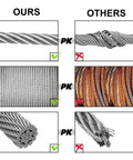 Comparison between Rugged 3/16 Inch Stainless Steel Cable 25 Ft Kit and other wires, showing quality difference in design and material.