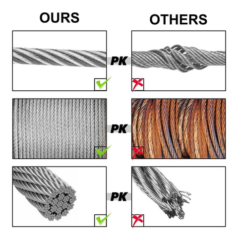 Comparison between Rugged 3/16 Inch Stainless Steel Cable 25 Ft Kit and other wires, showing quality difference in design and material.