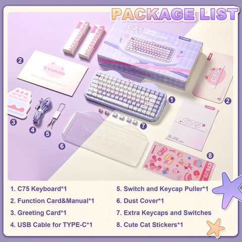 Top Tier Wireless Mechanical Keyboard With Dope Dessert Vibe And Compact 75 Percent Layout Featuring Hot Swap Switches Premium Pbt Keycaps And Butter Smooth Milk Springs For Chill Typing Sessions Or Epic Gaming Runs package contents including USB cable, dust cover, and extra keycaps.