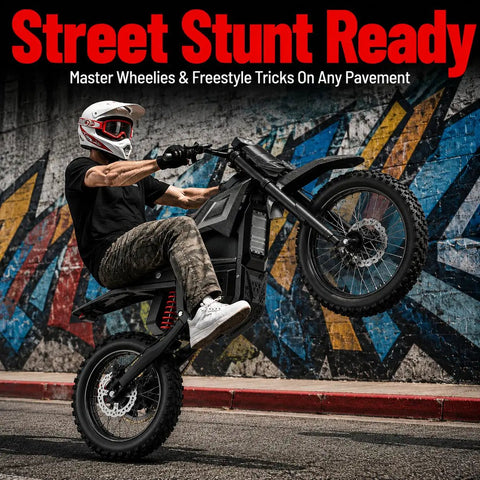 Heavy Duty Off Road Electric Dirt Bike With A Beast Mode 60V 30Ah Battery And 6000W Peak Motor performing a wheelie on pavement.