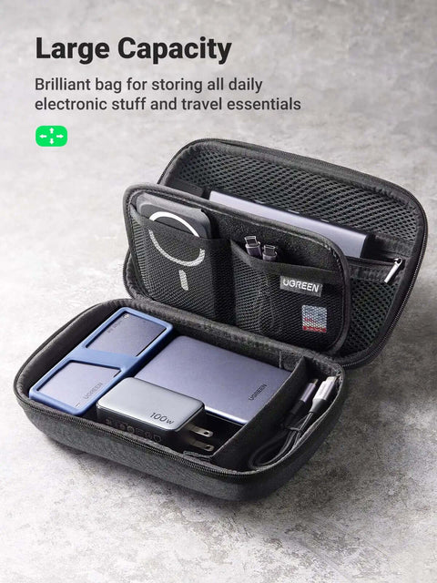 Built Like A Tank EVA Cable Organizer Travel Case Tangle Free Tech Gear Stash Pouch for Chargers Power Banks And USB Drives, black open with tech gear.