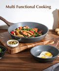 Kickin Nonstick Frying Pan With Swiss Granite Coating for Effortless Omelets, stone cookware with woodgrain handle displayed on table