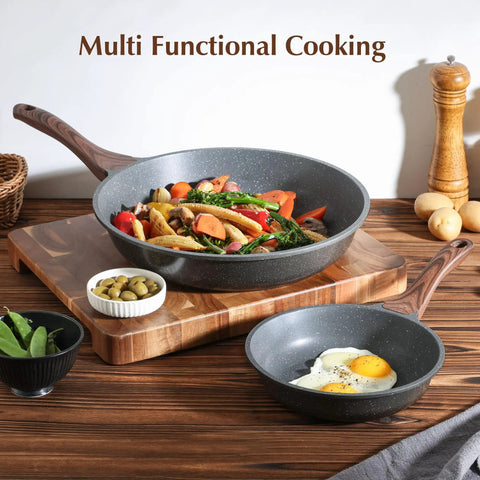 Kickin Nonstick Frying Pan With Swiss Granite Coating for Effortless Omelets, stone cookware with woodgrain handle displayed on table