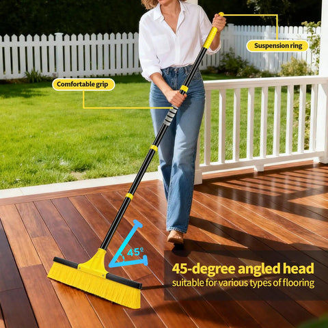 Heavy Duty Push Broom With 60 Inch Long Handle And 18 Inch Stiff Bristle Head For Floor Cleaning Indoors Outdoors being used on deck