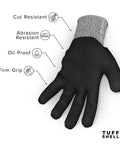 Cut Resistant Lobstering Gloves With Touchscreen Capability For Diving Spearfishing And Crab Catching Heavy Duty HPPE Liner Puncture Resistant Large Durable, black with firm grip and oil proof design, right hand palm view.