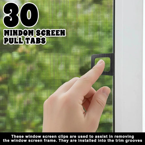 30 Piece Tough As Nails Black Plastic Window Screen Pull Tabs For Universal Spline Channel Repair, hand gripping tab to remove screen.
