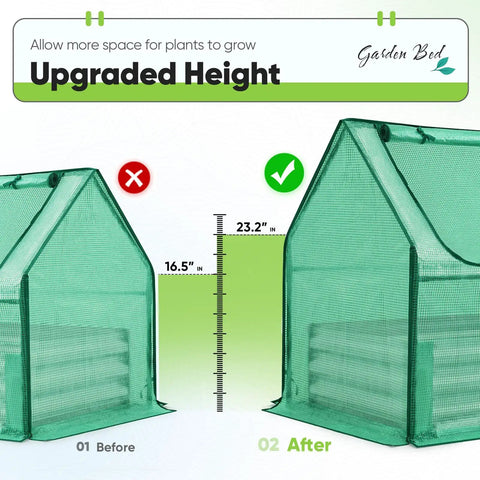 Comparison of Raised Garden Bed With Cover And Greenhouse Kit, showcasing upgraded height from 16.5 inches to 23.2 inches.