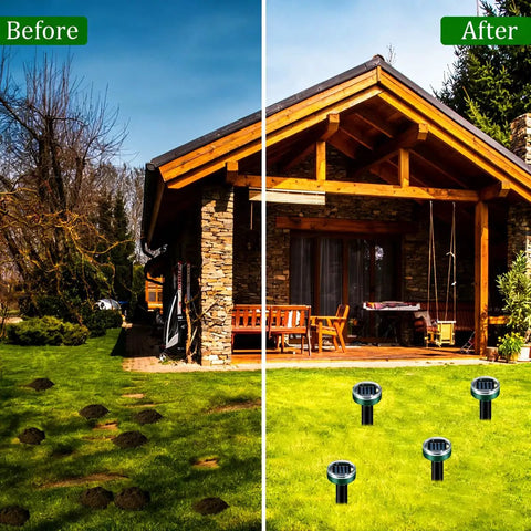 Before and after lawn with Solar Powered Mole Repellent Pack For Outdoor Yard And Lawn Keep Moles Gophers Voles And Snakes Away With Ultrasonic Pest Control Spikes No Fuss Easy Install Eco Friendly Solar Sonic Barrier 10 Pack installed