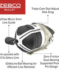 Bullet MG Spincast Rod And Reel Combo with features like 10 lb pre-spooled line, dual-bearing support, and adjustable drag.